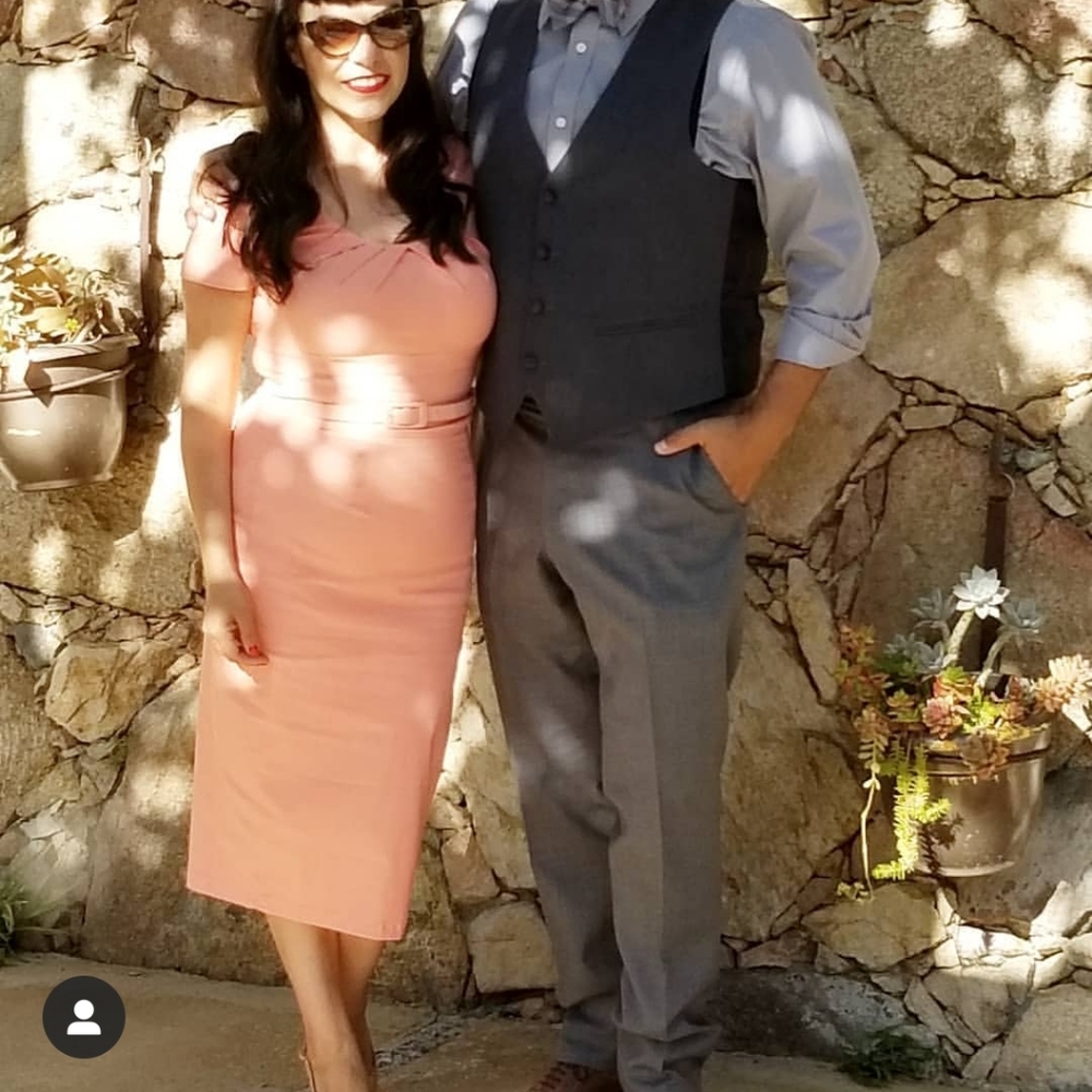 Salmon colored dress.